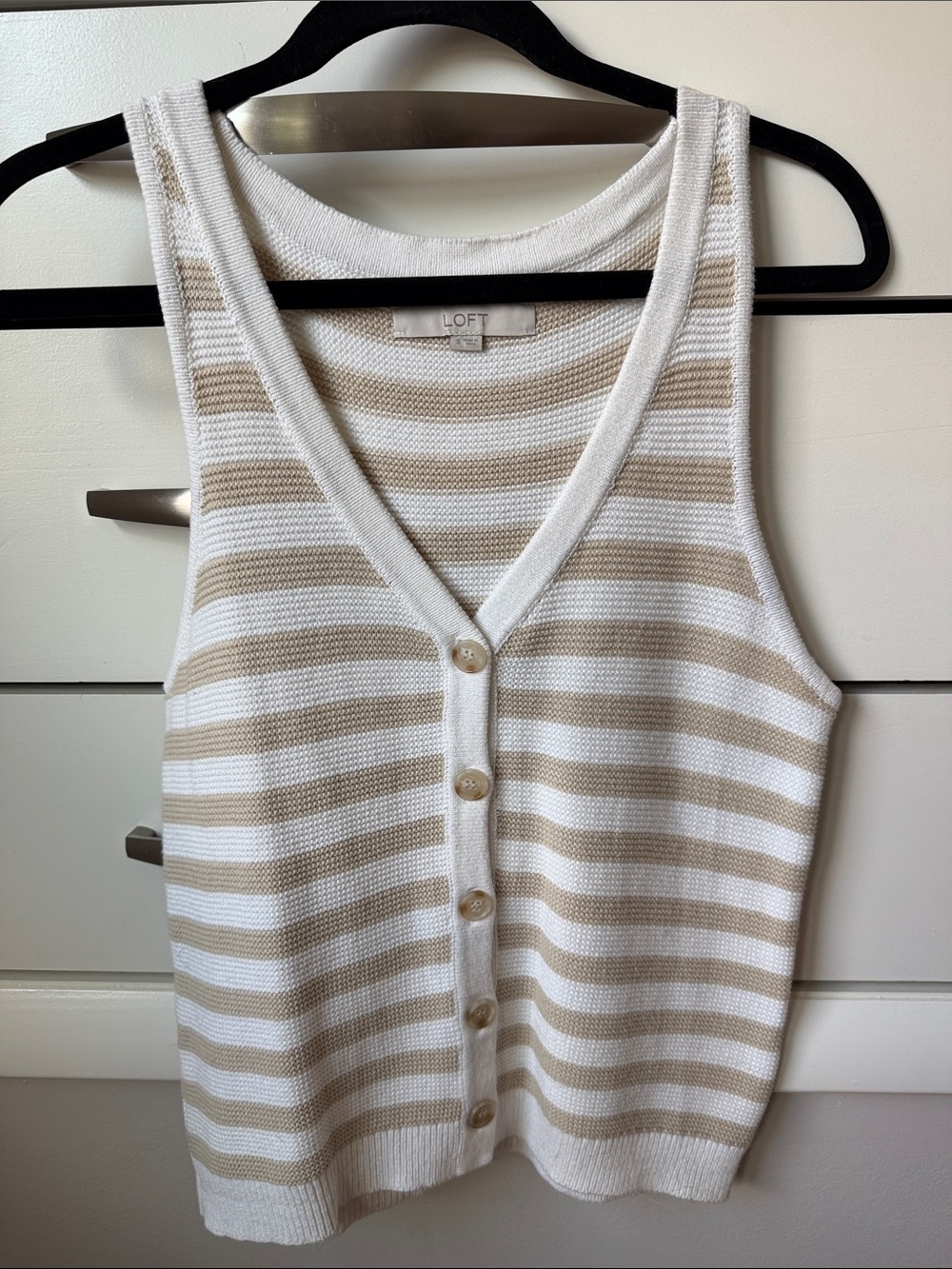 LOFT Beige and White Striped Button-Front Knit Tank